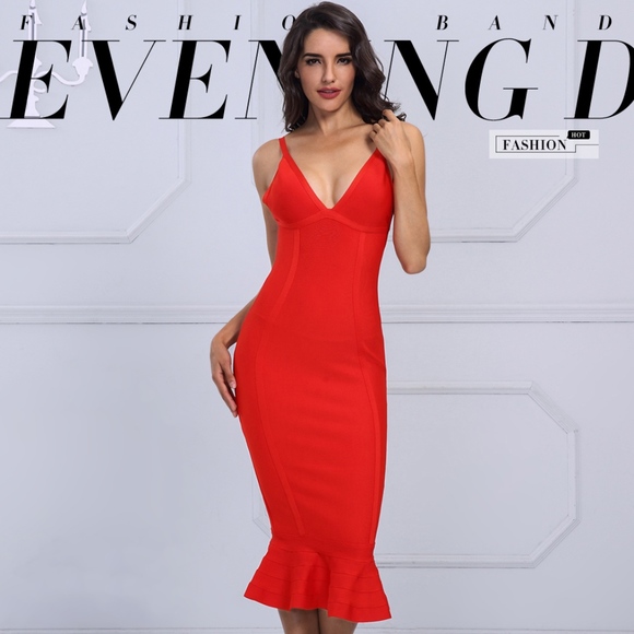 Bandage V-Neck Midi Mermaid Dress in Bright Red - Picture 2 of 13